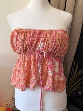 Free People x Sans Pirate Booty Pink Orange Floral Strapless  Peplum Top